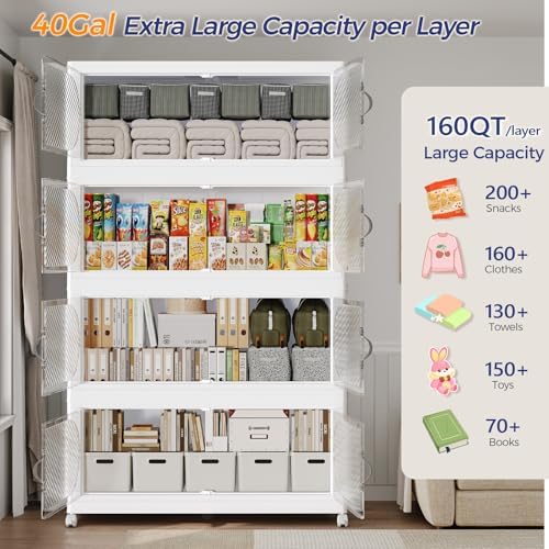 160GAL (640QT) Collapsible Plastic Storage Bins with Lid & Wheels, Extra Large Stackable Closet Organizers Storage Boxes, Folding Cabinet for Home Kitchen Office, 4Pack White - Image 3