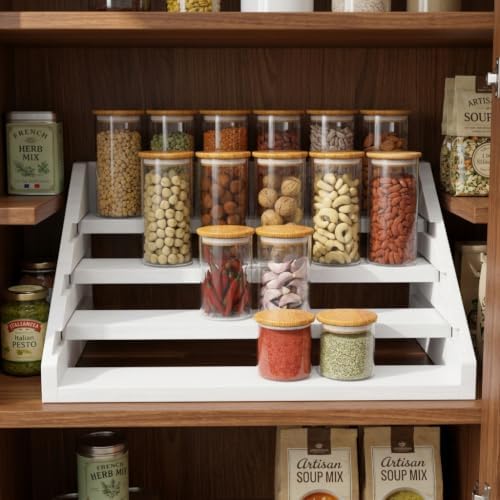 Solid Wood Spice Rack Organizer for Countertop & Cabinet, 4 Tier Adjustable Wooden Spice Shelf with Sliding Track, Premium Step Seasoning Bottle Holder for Kitchen, Cupboard, Pantry & Office, White - Image 4