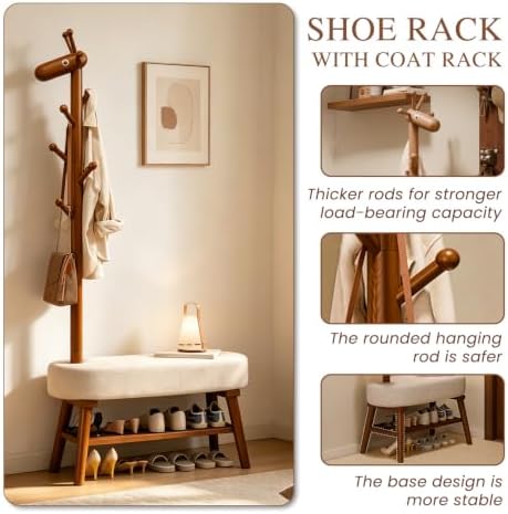 32" Coat Rack and Shoe Storage, 3‑in‑1 Shoe Bench, with 10 Hook, Walnut - Image 3