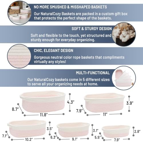 NaturalCozy 5-Piece Rectangle Storage Basket Set- Natural Cotton Rope Woven Baskets for Organizing! Small Basket for Montessori, Baby Nursery, Dog Toy Baskets, Cat Toy Box, Bathroom Organization Bin - Image 2
