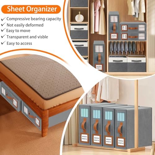 GhvyenntteS 12 Pack Bed Sheet Organizers and Storage, Sturdy Bed Sheet Organizer with Zipper and Handle, Foldable Linen Closet Organizers and Storage with Window and Label, Grey - Image 7