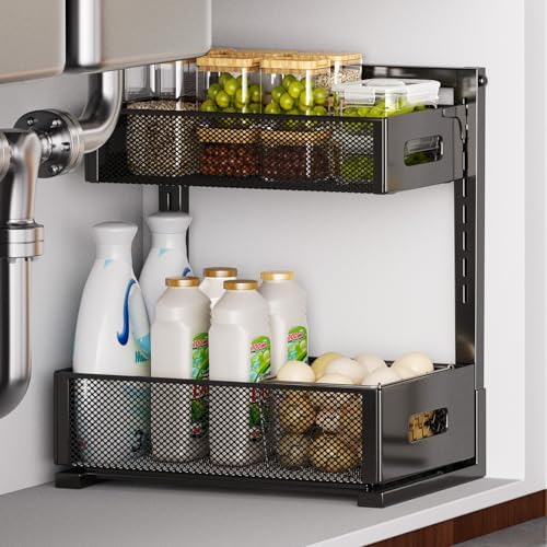 Under Sink Organizer for Bathroom & Kitchen, Under Cabinet Storage Shelf, Bathroom Cabinet Organizer Vanity Drawer Pantry Organization, Multi-Purpose Under Sink Slide Out Storage Shelf by petiza