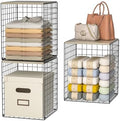 3-Pack Taller Closet Organizers and Storage with Wood Top, Stackable Wire Storage Bins for Clothes, Bags, Towels, Double Storage Design, Sturdy Metal Cube Shelf Organizer for Closet Wardrobe, Black by Hencawima