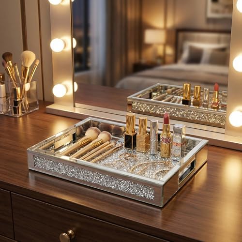 Large Vanity Tray for Perfume Organizer, 15x11 Inch Silver Mirror Tray with Handles, Crushed Diamond Tray for Bathroom Counter, Coffee Table Decor, Jewelry Display - Image 6
