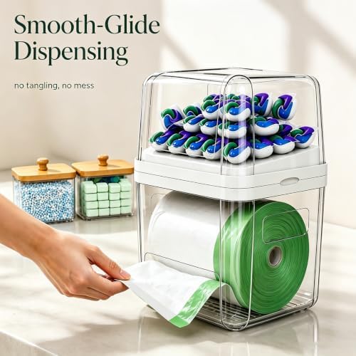 Trash Bag Holder & Dishwasher Pod Dispenser with 2 Bamboo Lid Storage Containers, Clear Acrylic Under Sink Organizer for Garbage Bags, Laundry Detergent Pods & Tabs, Kitchen Pantry Laundry Room - Image 4