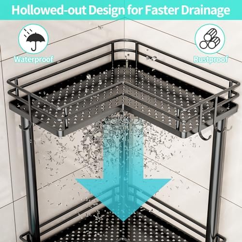 HapiRm Corner Shower Caddy Organizer - 4 Tier Shower Shelf Corner with Soap Holder, Rustproof Bathroom Standing Organizer with 4 Hooks, Black - Image 3