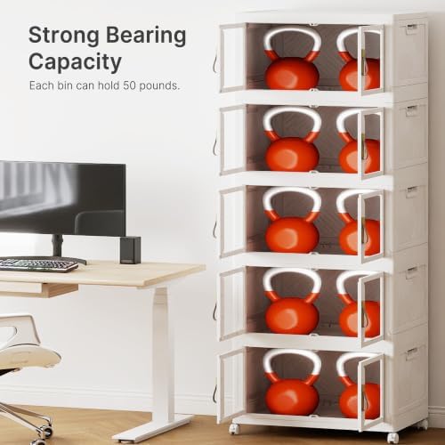 UAMFURI Stackable Storage Bins with Lids, Clear Doors, Large Storage Cabinet Foldable Collapsible Closet Organizers for Bedroom Dorm Office (5, White, 120, Quarts) - Image 3