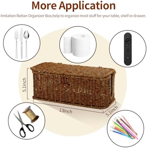 Cable Management Box, Desk Handwoven Rattan Cord Hider Cable Organizer Box With Lid Button Lock, Power Strip Cover Wicker Decorative Basket, Floor Wire Hiding Extension Cord Box (dark brown) - Image 6