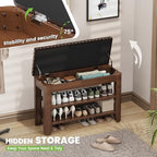 Shoe Bench for Entryway, Solid Rubberwood Shoe Bench with Hidden Storage, Adjustable 2-Tier Shelves & Soft PU Leather Seat, Shoe Rack Durable Easy Assembly for Hallway or Bedroom - Brown, 31.5" - Image 4