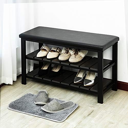 Finnhomy 3-Tier Shoe Rack Bench Cushion. Holds Up to 400 lb Rack, for Entryway, Bedroom, Hallway, Accent Furniturn, Elegant Black Wood - Image 2