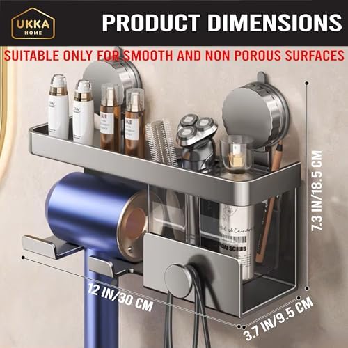 Suction Cup Aluminum Hair Dryer Holder. Storage Organizer Rack with Shelf for Accessories & Tools for Bathroom. Reusable, Rustproof, No Drill, No Tools. Multifunctional (2 Cups, Gray) - Image 3