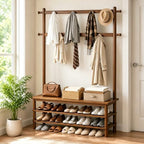 Solid Wood Hall Tree with Bench, Shoe Rack & 11 Hooks 42.9'' - Image 2