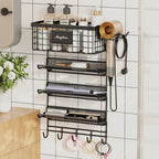 Magheo Hair Dryer Holder Wall Mounted, Adheisve Hair Tool Organizer for hair Brush/Appliance Wall Mount with 5 Tier Shelf Basket Hooks Blow Dryer and Straightener Holder for Bathroom(Black) by MAGHEO