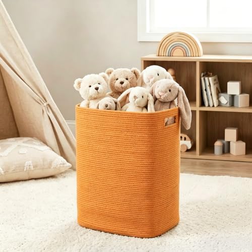 MEGASKET Orange Laundry Hamper 16"x13"x22" - Tall Woven Laundry Basket, Large Cotton Rope Clothes Hamper, Bedroom Aesthetic, Soft Kids Baby Nursery Laundry Bin, Orange Hamper for Room Decor, 75L - Image 4