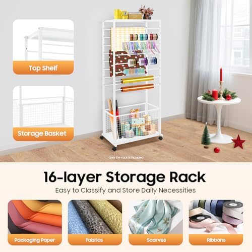 Ribbon Organizer Rack, Double-Sided 16 Tier Ribbon Storage Holder, Floral Wrapping Paper Spool Stand Racks for Craft Room, Scarf Tie Belt Towel Display Shelf Sewing Station Cart, White, 26.4in Wide - Image 3