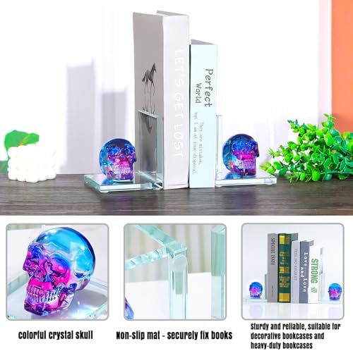 Glass Skull Book Ends for Shelves with Blue and Purple Crystal Skulls - Image 4