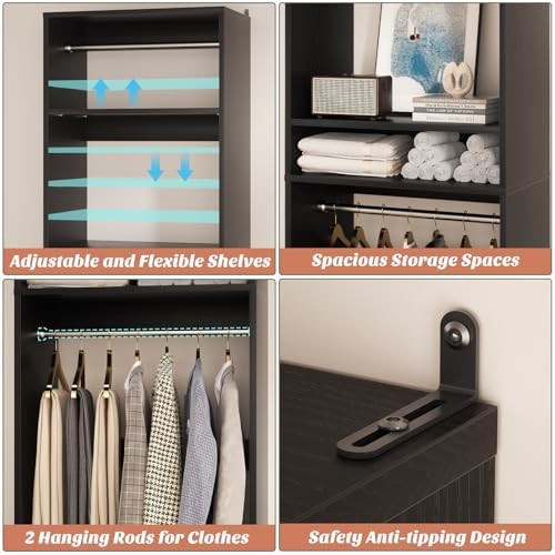 Unikito 25" Closet Organizer System with Hanging Rods and Shelves, Black - Image 3