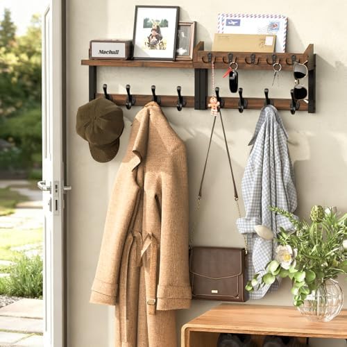 35'' Long Rustic Coat Rack Wall Mount with Shelf, Solid Wood Coat and Key Hanger with 13 Metal Hooks, Farmhouse Wall Organizer for Mail, Entryway Wall Hangers for Hats, Clothes, Backpacks, Mudroom - Image 2