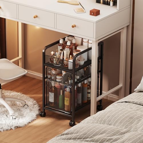 Hongtamoya Rolling Makeup Cart Organizer with 2 Drawers, Narrow Floor Skincare Organizers, Vanity Organizer Cosmetics Display Cases Holder for Skin Care Nail Polish Perfume Makeup Brush, Black by Hongtamoya