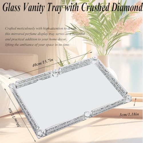 Large Glass Mirror Vanity Tray Silver Crushed Diamond Perfume Jewelry Decor - Image 3