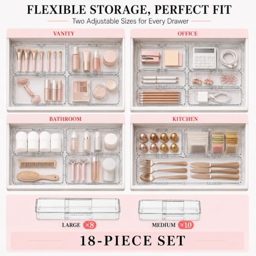 18 Pcs Clear Adjustable Drawer Organizer, 2-Size Desk Drawer Organizer Box, Acrylic Storage Bins for Makeup, Cosmetic, Kitchen Utensils, Bedroom Dressers Tool Organizer for Gadgets (18) - Image 3