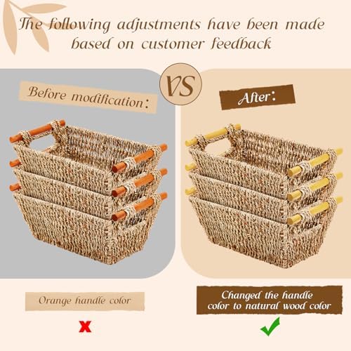 Marsui 12 Pcs Small Hand Woven Wicker Baskets with Wooden Handles, Seagrass Rattan Storage Baskets Bin Organizer Shelf Pantry for Bathroom Storage Towel Kitchen Washroom Gifts Decor, 9" x 6" x 4" - Image 2