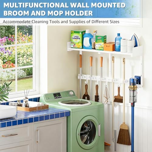 HUFAND Broom Holder Wall Mount, 27" Mop and Broom Organizer with Top Shelf - Image 5