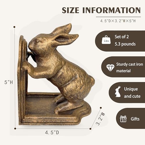 Decorative Bookends Antique Gold Bunny Book Ends, Heavy Duty Cast Iron Book Ends for Shelves,Unique bookends for Heavy Books, Vintage Decor 5.3 lbs - Image 2