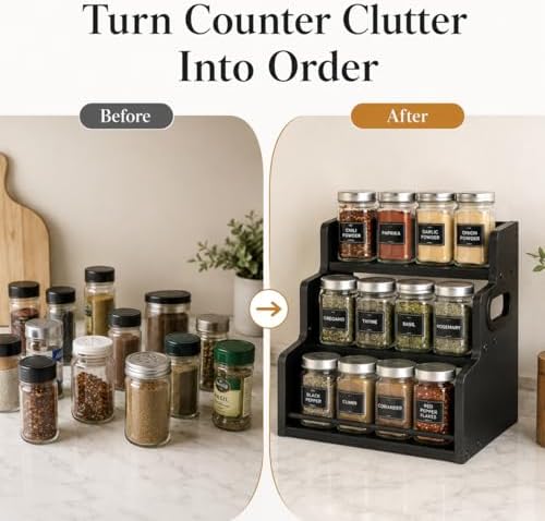 3 Tier Spice Rack Organizer for Cabinet, Wood Spice Shelf Storage, Kitchen Seasoning Organizer for Kitchen Countertop or Pantry, Spice Bottles, Bottles, Black - Image 5