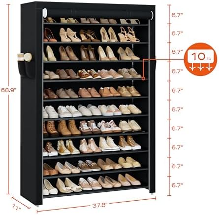 CASAMAYA Shoe Rack with Covers, 10 Tiers Tall Shoe Rack Organizer, Large Capacity Shoe Shelf Storage, Hold 50 Pairs of Shoes, Vertical Shoe Storage Organizer for Closet, Entryway, Black, SRT105B01 - Image 6