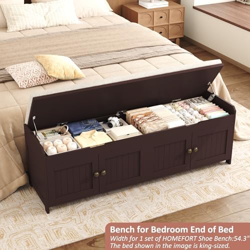HOMEFORT 54.4" Shoe Bench with Lift Top Storage, Entryway Bench with Cushioned Seat, Wooden End of Bed Bench, Shoe Cabinet Bench with Hidden Storage Space, for Bedroom, Hallway,Espresso - Image 4