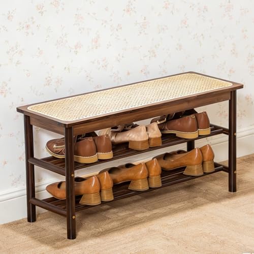 latifolia Shoe Rack Bench, 3-Tier Bamboo Shoe Bench with Breathable Rattan Seat Cushion, Shoe Storage Rack for Entryway(Walnut,31.50''L) by Latifolia