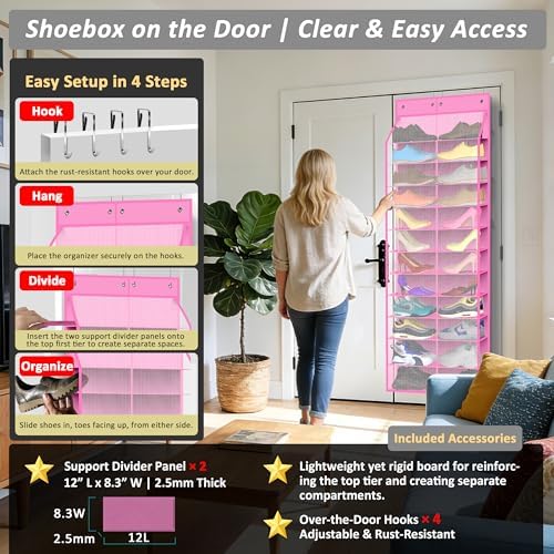 Kotkn 24-Pair Over Door Shoe Organizer for Family & Kids, Double Sided | Hanging Storage for Sneakers, Boots, Toys & Room OrganizationRose Quartz - Image 5