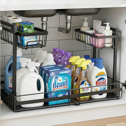 Under Sink Organizer, 1 Pack 2-Tier Expandable Pull Out Storage with Ball-Bearing Slides, Height Adjustable for Kitchen Bathroom Cabinet, Black by seektik