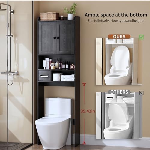 Over the Toilet Storage Cabinet,Tall Slim Bathroom Organizer with Doors, Adjustable Shelves & Built-in Toilet Paper Holder, Space-Saving Above Toilet Cabinet for Small Bathrooms(Black) - Image 2