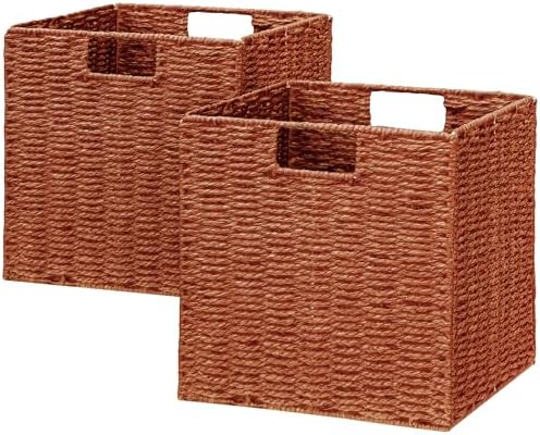 Vagusicc Wicker Storage Basket, Set of 2 Hand-Woven Paper Rope Wicker Basket, Foldable Cube Storage Bins, 9 inch Square Storage Baskets for Organizing Shelves & Decor, Orange (9″×9″×9″) by Vagusicc