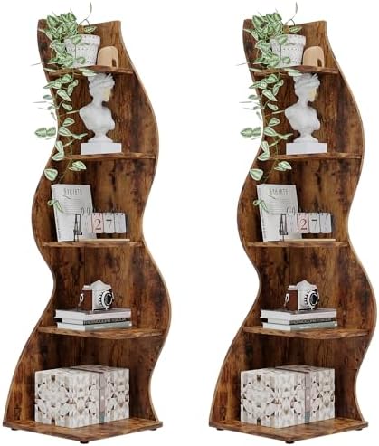 Tribesigns Corner Shelf, Rustic 5-Tier Wall Corner Bookshelf, Stylish Corner Small Bookcase Storage Rack Plant Stand with Unique Shape for Living Room, Home Office (2PCS, Brown) by Tribesigns