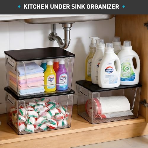 Heyuzb Pantry Organizers Storage, 2 Pack Large Clear Storage Bins with Bamboo Lids for Onion, Potato, Garlic, Canned Food, Organizer Bins for Under Sink, Kitchen, Countertop, Bathroom - Image 2