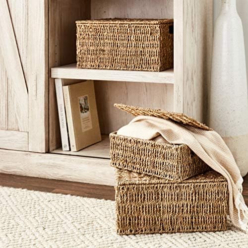 Trademark Innovations Set of 3 Rectangular Seagrass Baskets with Lids, Natural (Small) - Image 2