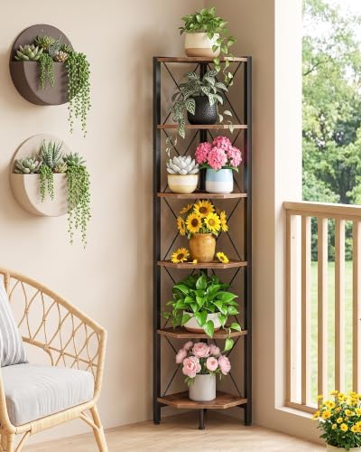 CHOEZON 6-Tier Corner Shelf, Corner Bookcase, 66.9" Tall Vertical Display Rack, Plant Stand, Open Storage Shelf, for Living Room, Bedroom, Study, Kitchen, Rustic Brown and Black TCJ13BF - Image 7