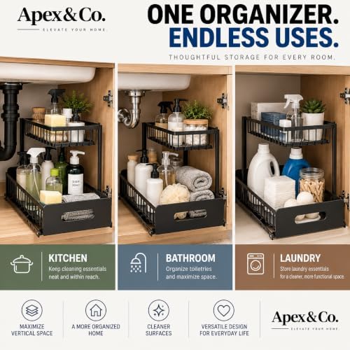 Apex & Co. 2-Tier Under Sink Organizer with Pull-Out Sliding Drawer, 1 Pack – Heavy-Duty Carbon Steel, Rust-Resistant Coating, Cabinet Storage for Kitchen & Bathroom - Image 6