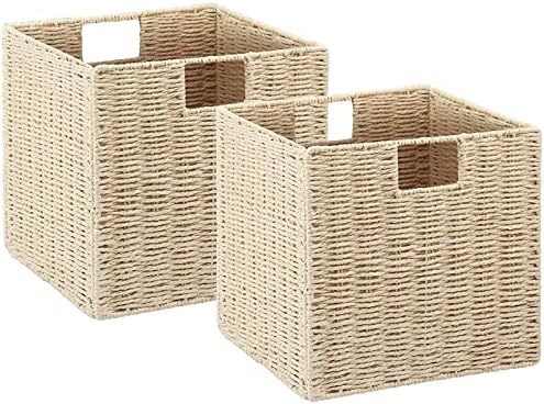 Vagusicc Wicker Storage Basket, Set of 2 Hand-Woven Storage Baskets for Shelves with Handles, Foldable Cube Storage Baskets Bins Organizer, 9 inch Wicker Baskets for Pantry Bedroom Decor, Beige by Vagusicc