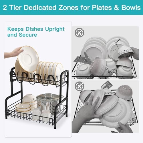 BOOSINY 2 Tier Black Dish Drying Rack and Drainboard with Utensil Holder - Image 2