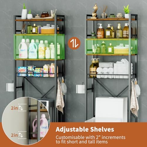 Over-The-Toilet Storage,4 Tier Adjustable Bathroom Organizers and Storage with Toilet Paper Holder and 9-Hooks,Toilet Rack for Cabinet Organizer,Fit Most Toilets(Rustic Brown) - Image 5