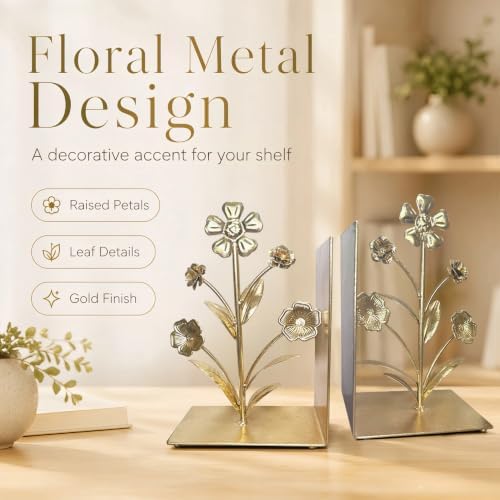 Book Ends Decorative Bookends for Shelves, Floral Bookends Book Stoppers, Elegant Bookshelf Decor Flower Design for Home Office Desk Room Decor - Image 5