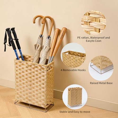 Rattan Umbrella Stand with Built-in Water Reservoir & Hooks, Hand Woven Umbrella Rack Organizer Freestanding - Stable, High-Capacity Organizer for Home and Office - 11.8" L x 5.5" W x 16.5" H - Image 6