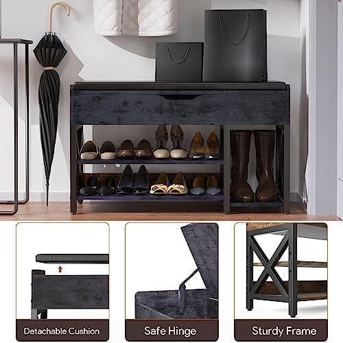 Shoe Bench, Lift Top Shoe Storage Bench, Adjustable Shelf Entryway Bench with Padded Cushion for Entry, Closet, Living Room, Hallway, 2-Tier Shoe Rack Organizer(Black, 35.5“W) - Image 5
