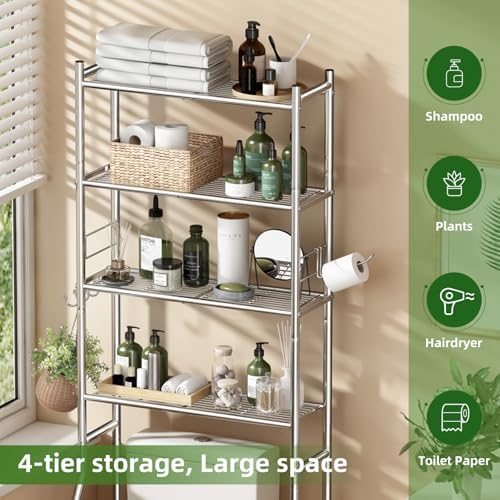 Ekisemio Over the Toilet Storage Cabinet, Metal 4 Tier Bathroom Shelves Over Toilet, Bathroom Oragnizer with 4 Hooks and Paper Holder, Chrome - Image 4