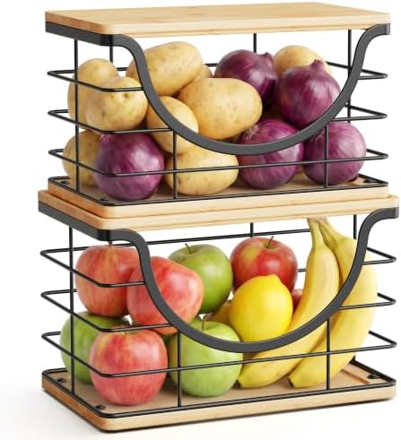 ALOCEO 2 Pack Stackable Wire Storage Basket with Bamboo Lid, Large Garbage Bag Dispenser for 13/30/33 Gallon Bags, Stainless Steel Kitchen Storage Bins for Potato and Onion, Black by ALOCEOWallHooksAdhesive