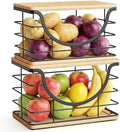 ALOCEO 2 Pack Stackable Wire Storage Basket with Bamboo Lid, Large Garbage Bag Dispenser for 13/30/33 Gallon Bags, Stainless Steel Kitchen Storage Bins for Potato and Onion, Black by ALOCEOWallHooksAdhesive